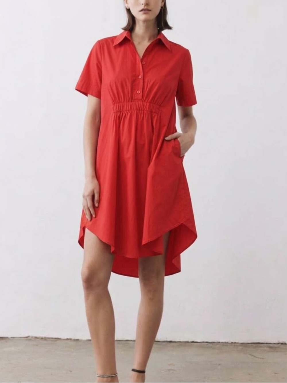 Title: Ruti Red Cotton Stretch Empire Waist Midi Shirt Dress Small